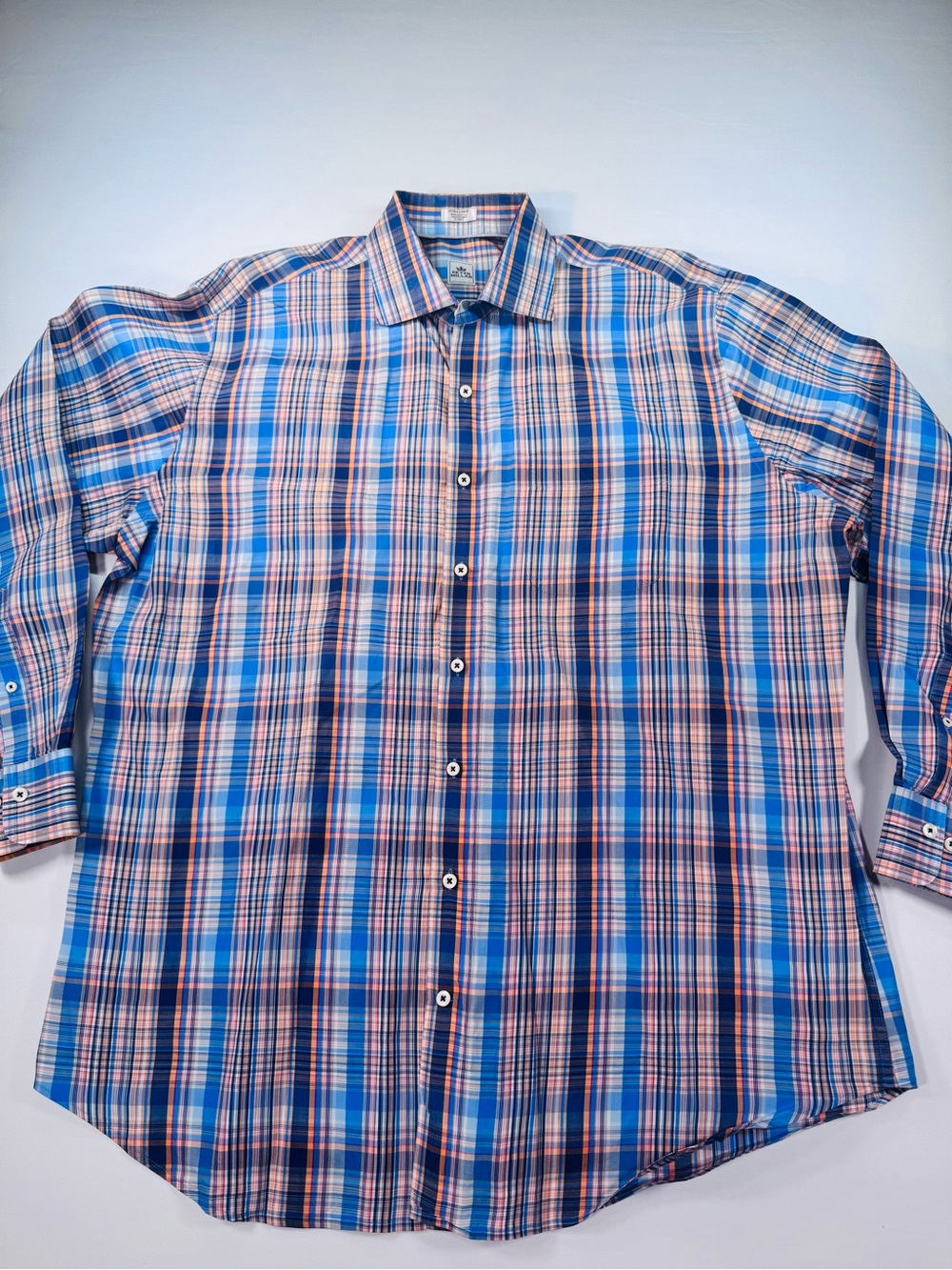 PETER MILLAR Men’s Button-Front Shirt Navy/Light Blue/Orange Plaid Cotton, XL